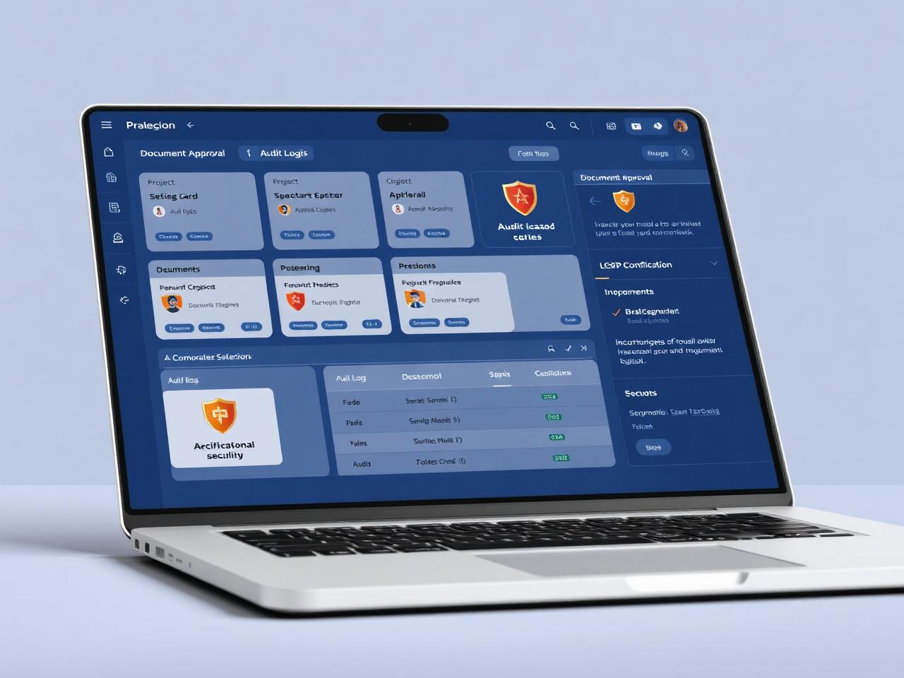 Painel DataSuite em laptop mostrando aprovação de documentos