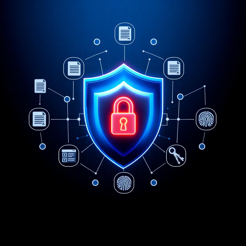 Conceito de segurança: escudo, cadeado e documentos criptografados