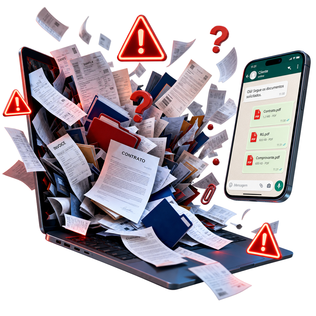 Arquivos desorganizados e risco de vazamento ao usar WhatsApp e e-mail para documentos